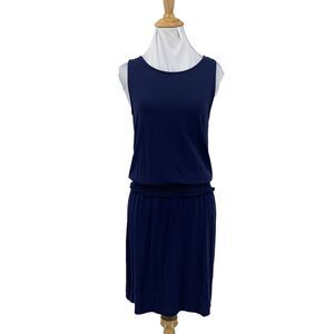 Lilla P Smocked Waist Dress Womens XS Navy Blue Sleeveless Crew Neck Stretch